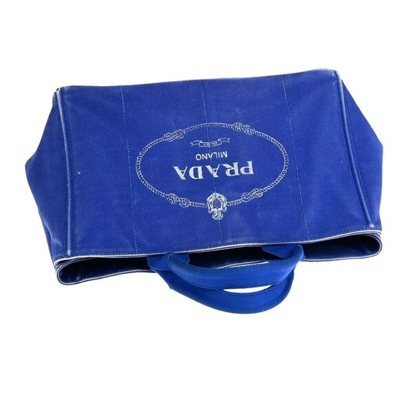 PRADA Milano Logo CANAPA Tote Hand Bag Canvas Leather Blue Gold - Picture 10 of 16